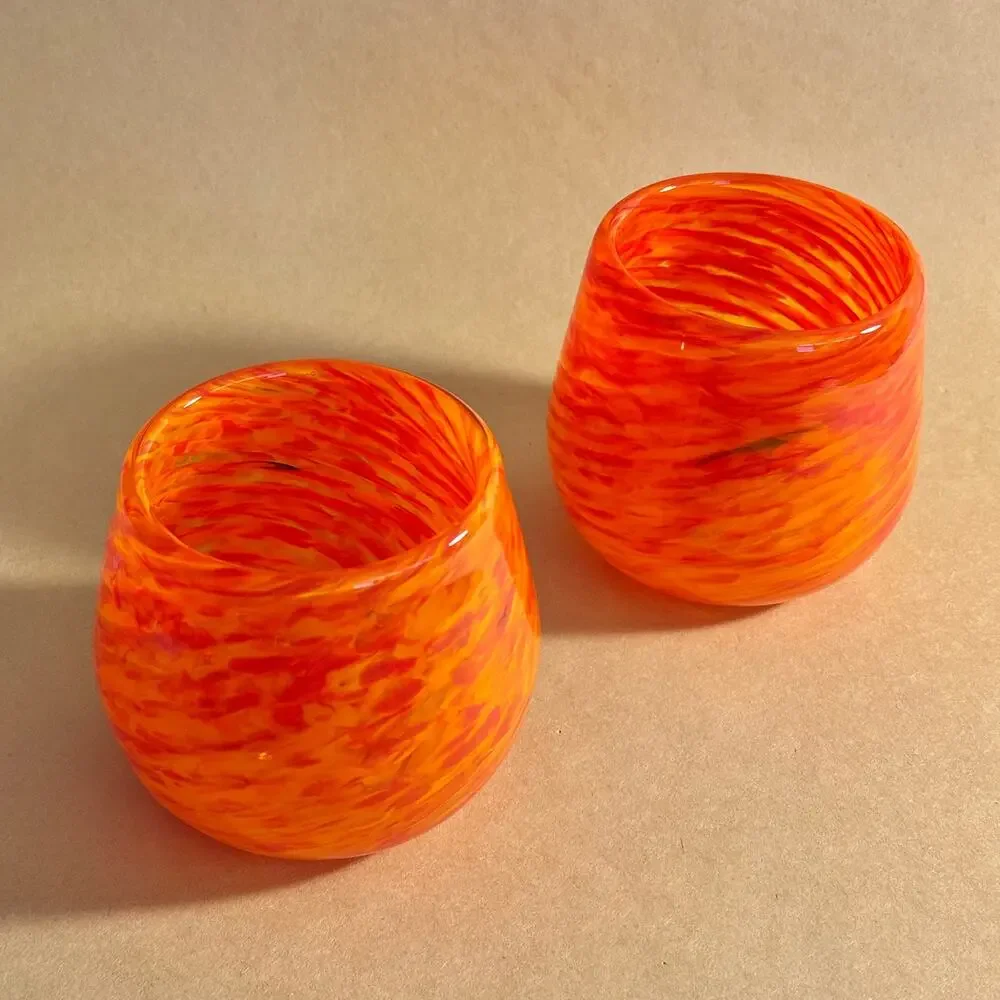 Orange Swirl Art Glass Cups Set of 2, Handblown, Halloween Fall Decor